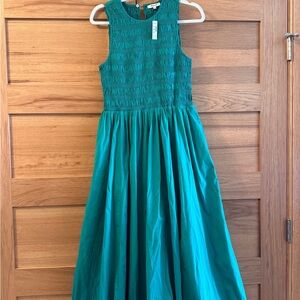 Madewell “The Melody” Bubble Hem Green smocked Midi Dress in Poplin NWT